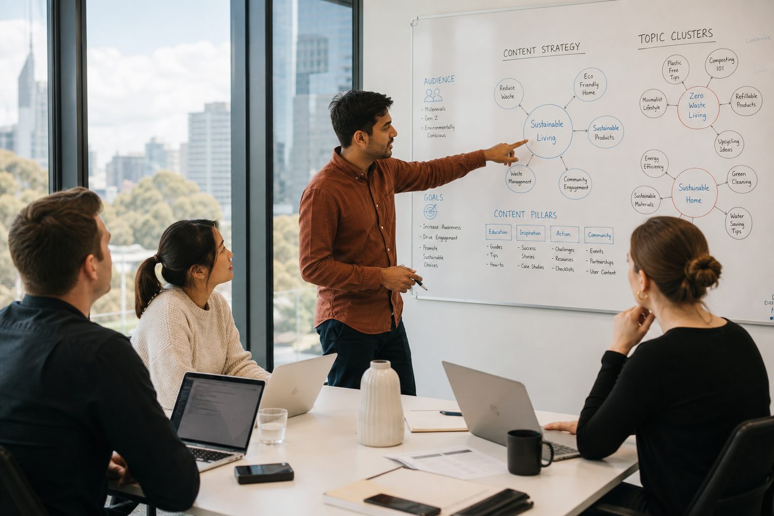 Marketing team collaborating on content strategy mind map in modern Australian office