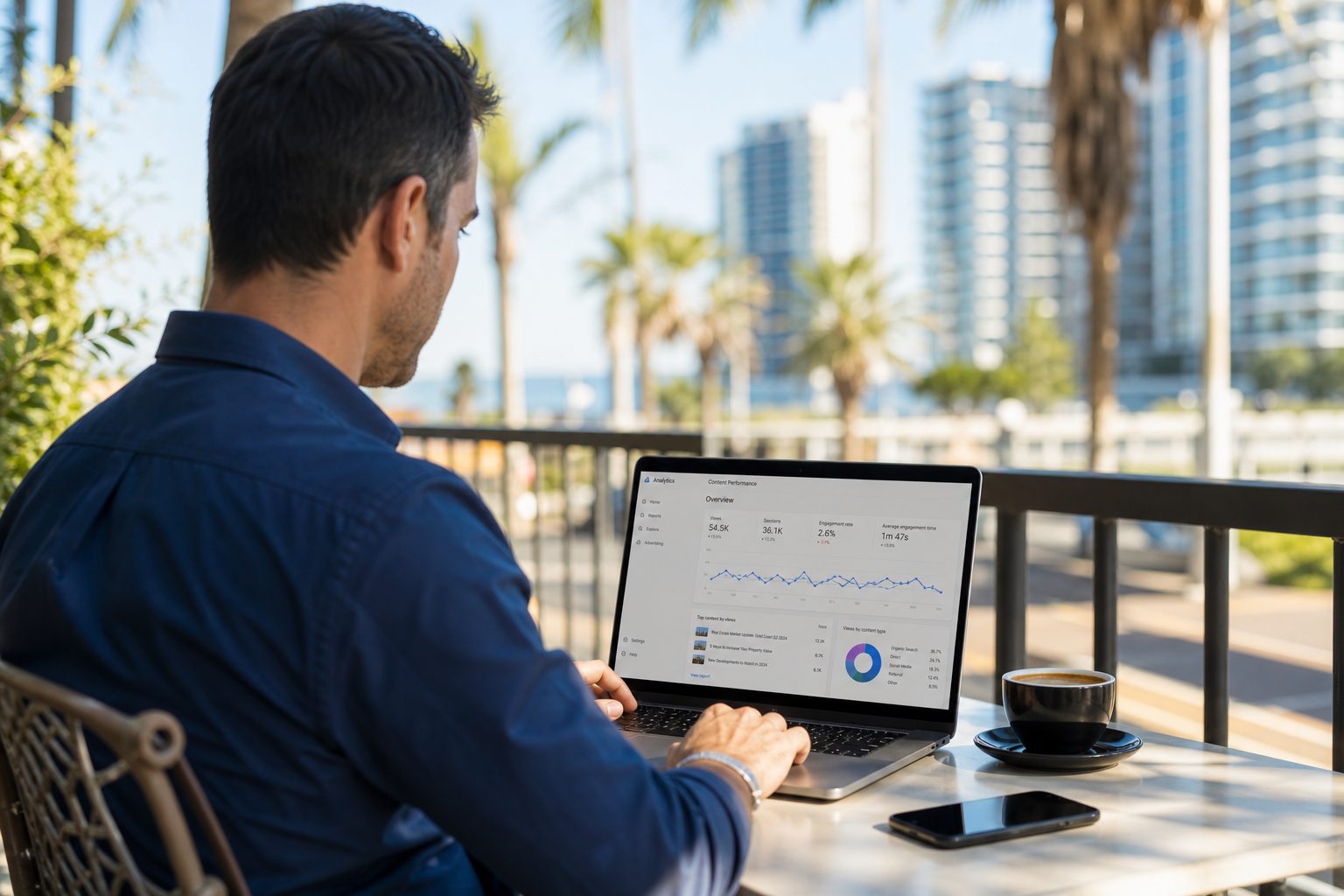 Business owner reviewing website analytics and content performance at outdoor Gold Coast cafe