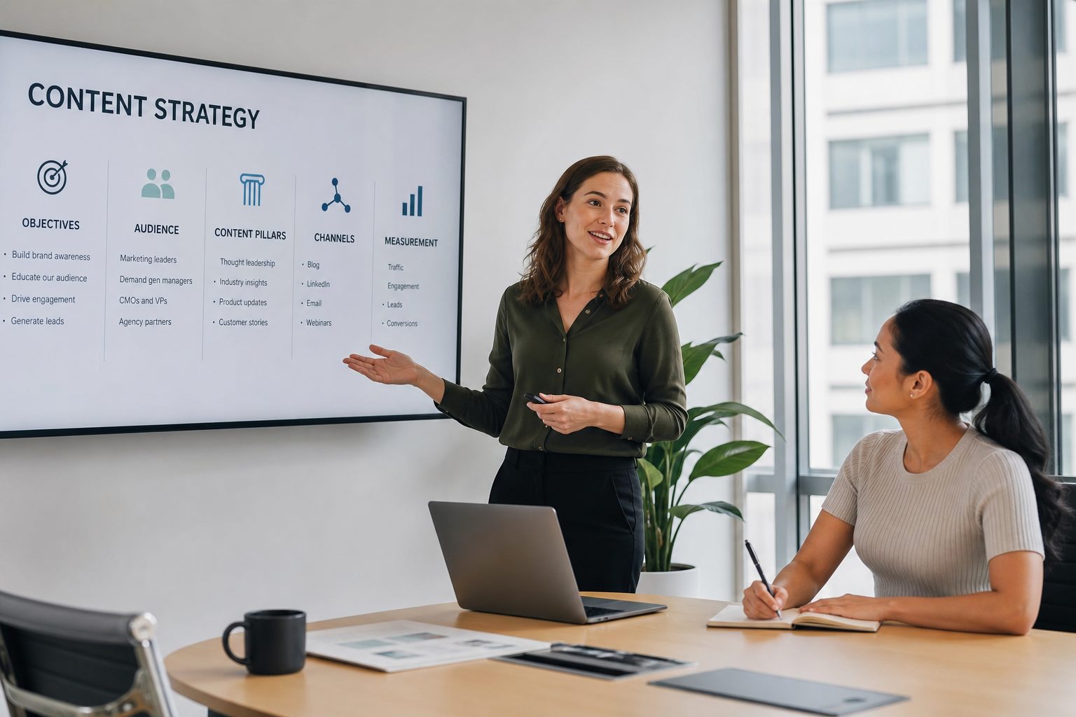 Business professionals discussing content strategy in bright modern meeting room