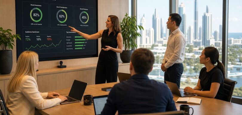 Business team reviewing AI search brand visibility analytics in a modern office