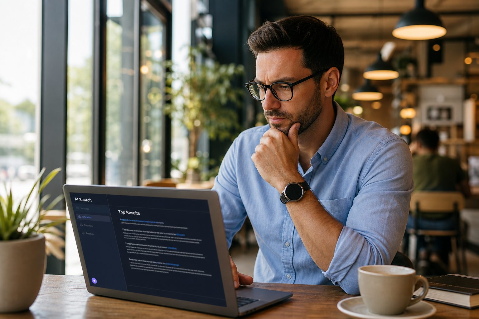Business owner checking AI search results and brand mentions on laptop