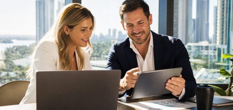 Two business owners comparing AI search data on laptop and tablet in a modern office