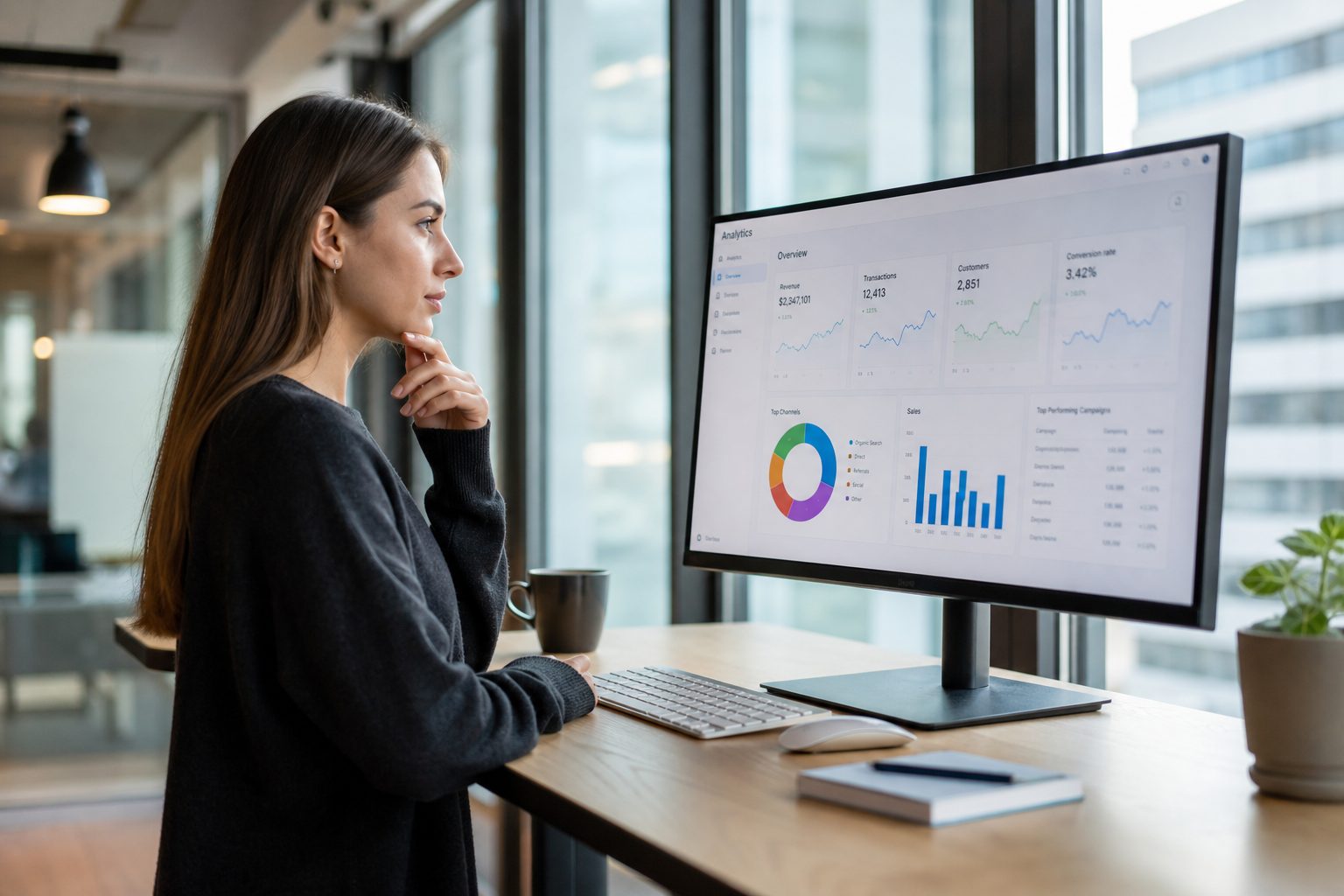 Business analyst reviewing AI search analytics dashboard on monitor