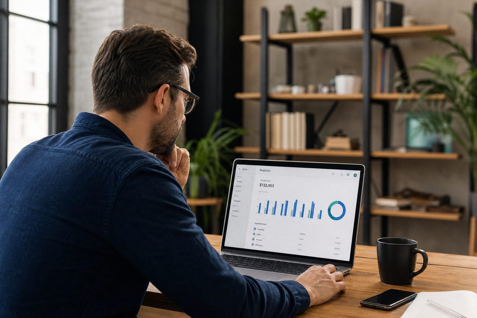 Small business owner reviewing AI search analytics on laptop