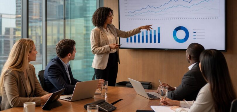 Business professionals reviewing search analytics data in a modern boardroom meeting