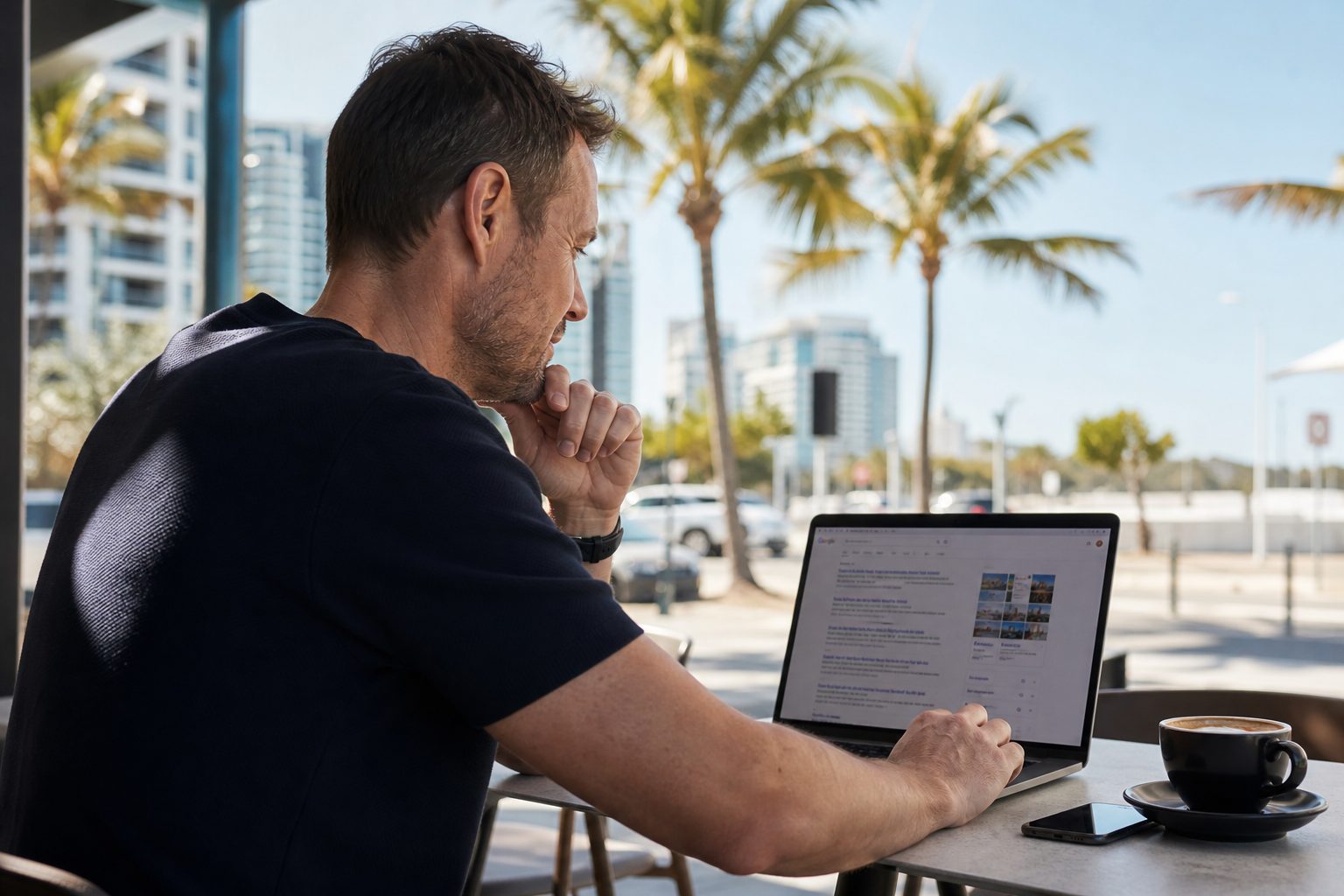 Business owner reviewing Google search results on laptop at an outdoor Gold Coast cafe