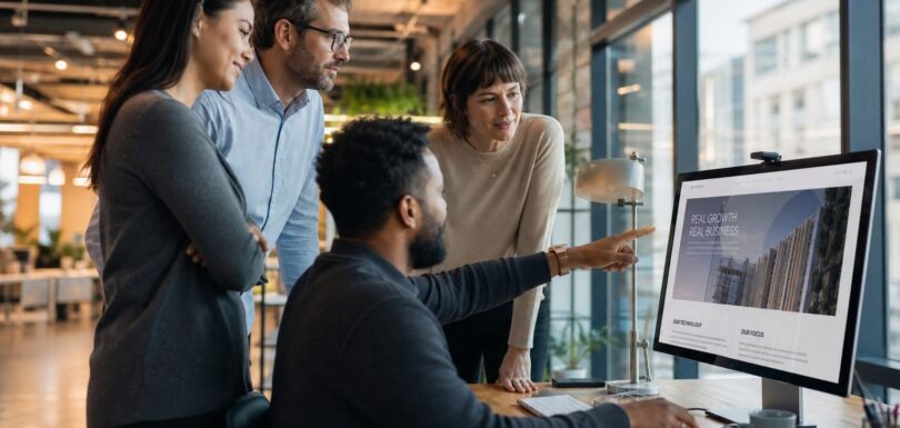 Business team collaborating around a monitor reviewing FAQ page content in a modern office