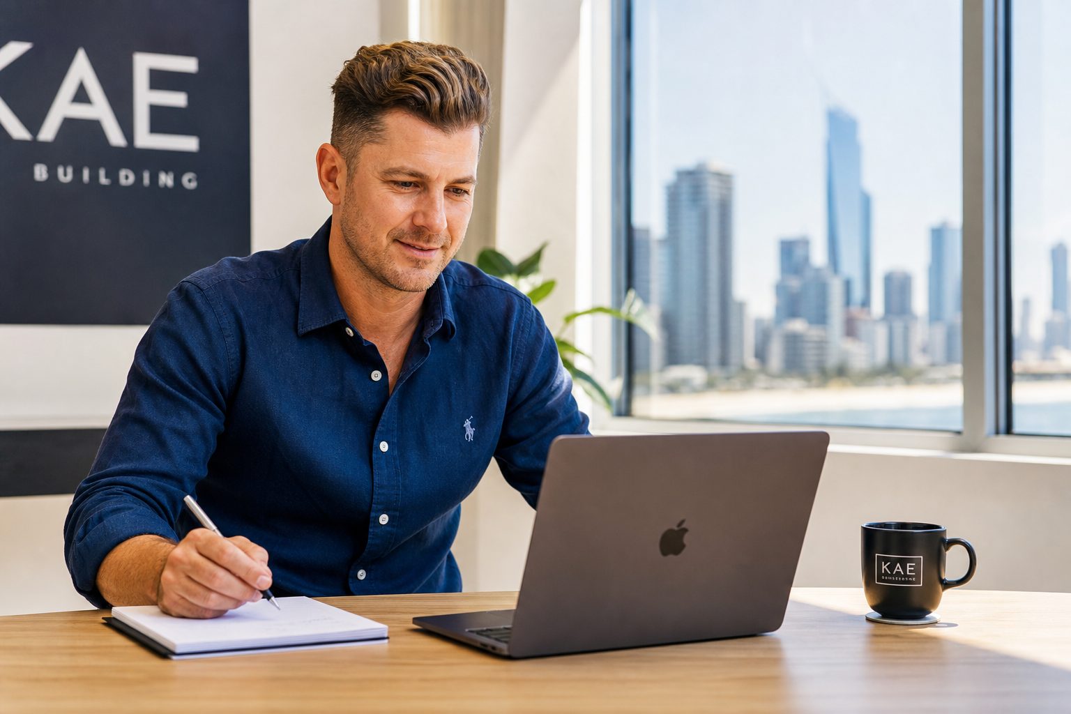 Business owner reviewing FAQ content on laptop in a bright modern office