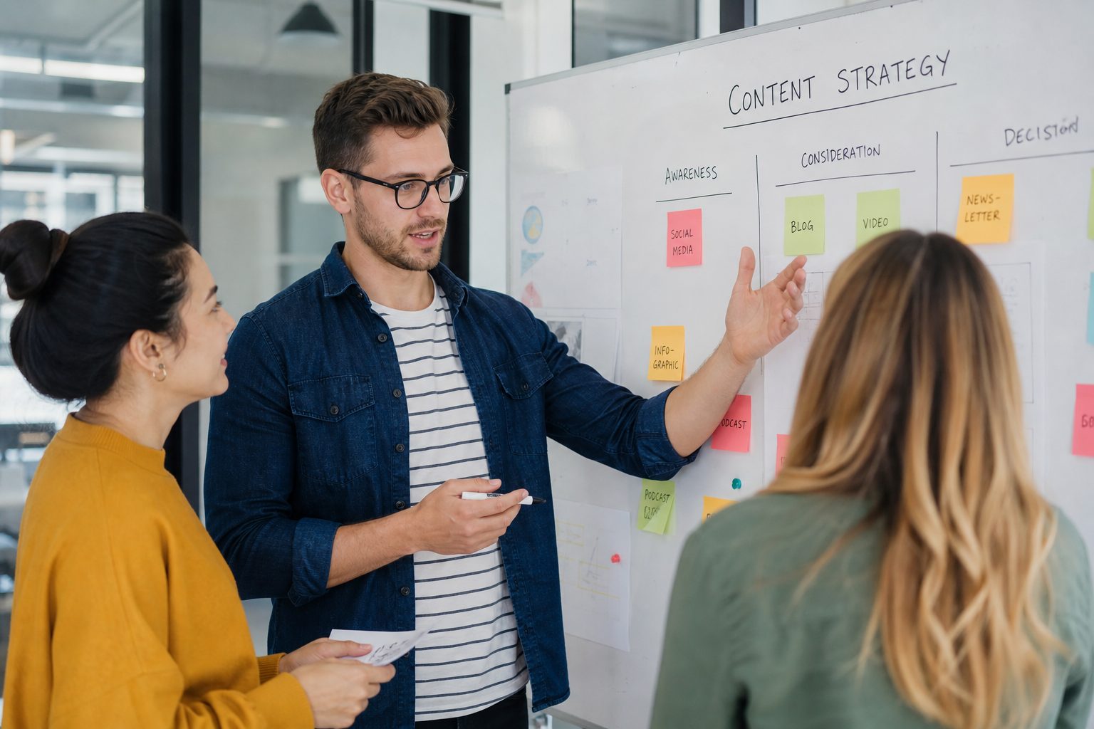 Marketing team planning content strategy at a whiteboard with sticky notes