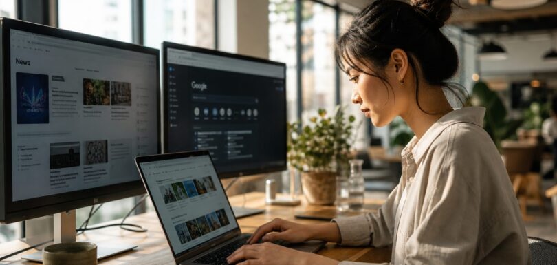 Business professional researching AI search platforms on laptop in modern office