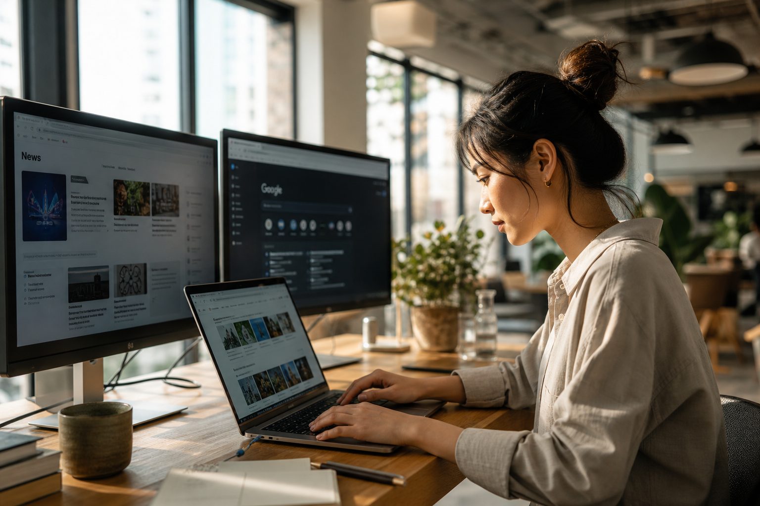 Business professional researching AI search platforms on laptop in modern office