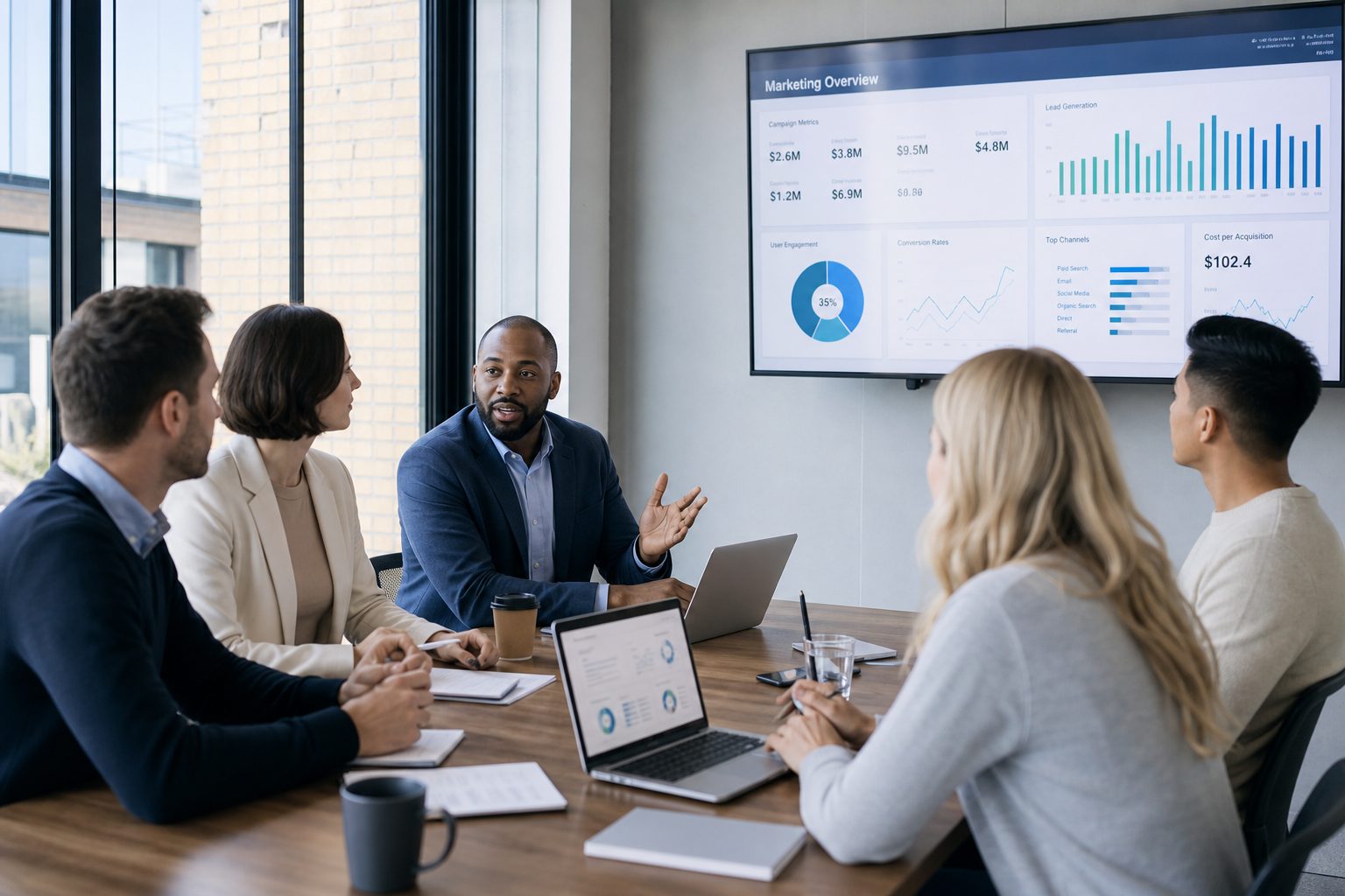 Marketing team discussing AI search optimisation strategies in a modern office