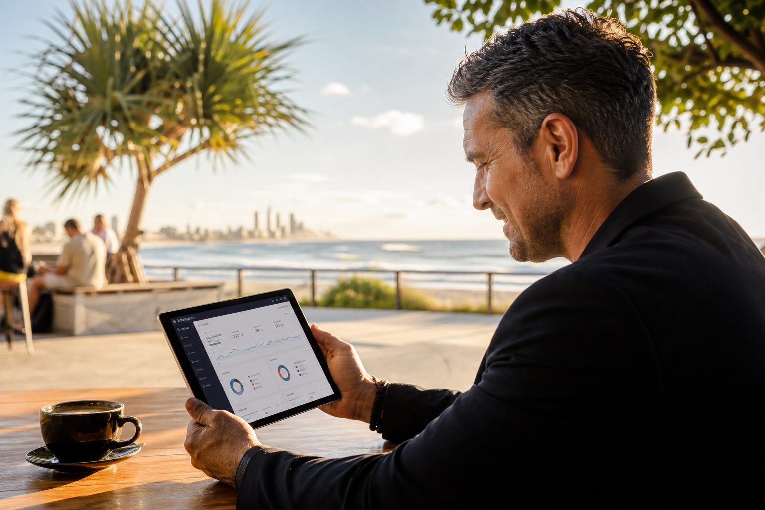 Business owner reviewing website analytics and AI search performance at a Gold Coast cafe