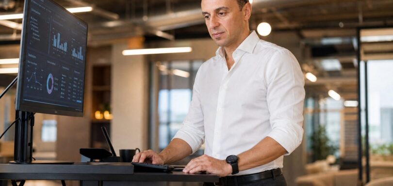 Richie Zengoski reviewing healthcare practice analytics at a standing desk