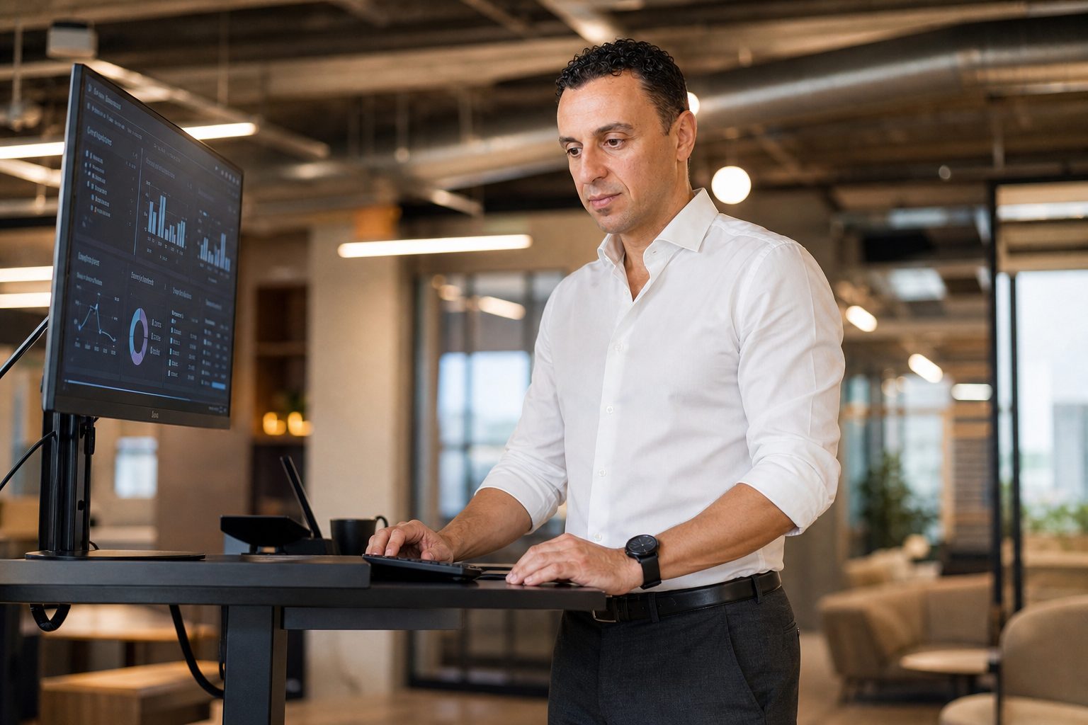 Richie Zengoski reviewing healthcare practice analytics at a standing desk