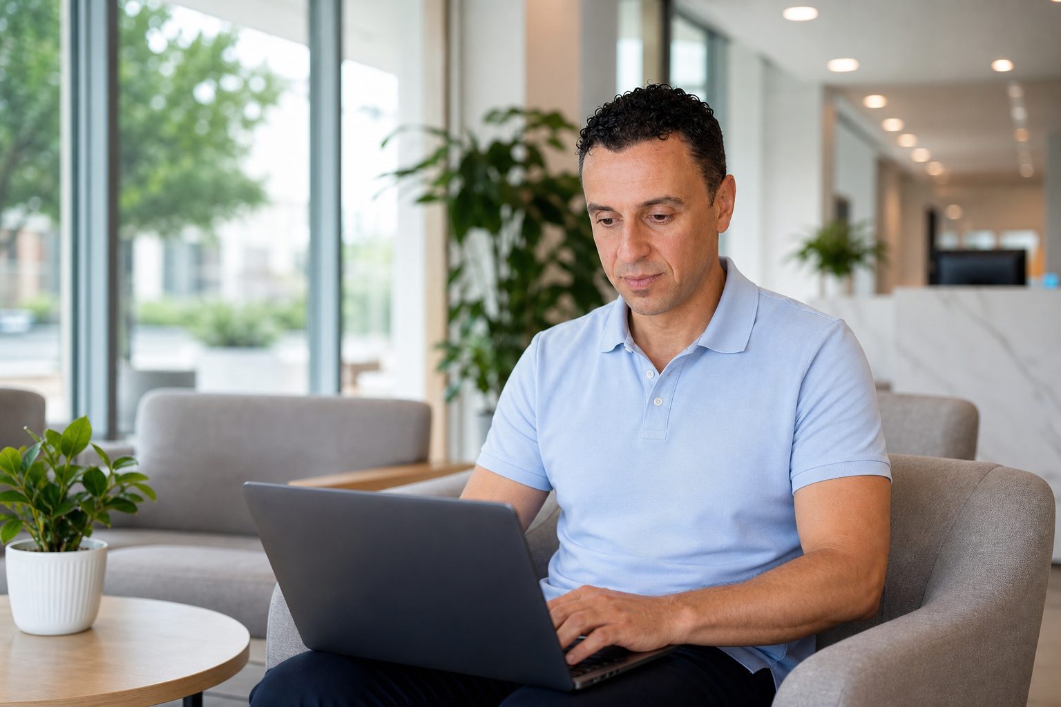 Richie Zengoski reviewing medical practice data on a laptop in a healthcare clinic