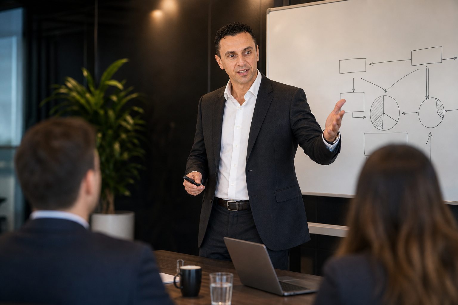 Richie Zengoski presenting an AI SEO strategy to a team in a boardroom