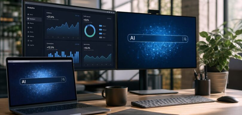 AI search optimisation workspace with multiple screens showing GEO analytics dashboards