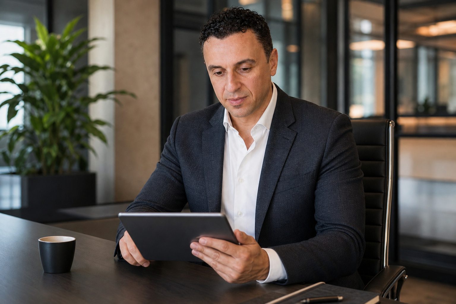 Richie Zengoski reviewing Generative Engine Optimisation strategy on tablet at Titan Blue