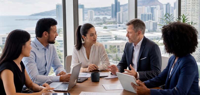 Business team reviewing AI search statistics in a modern office meeting