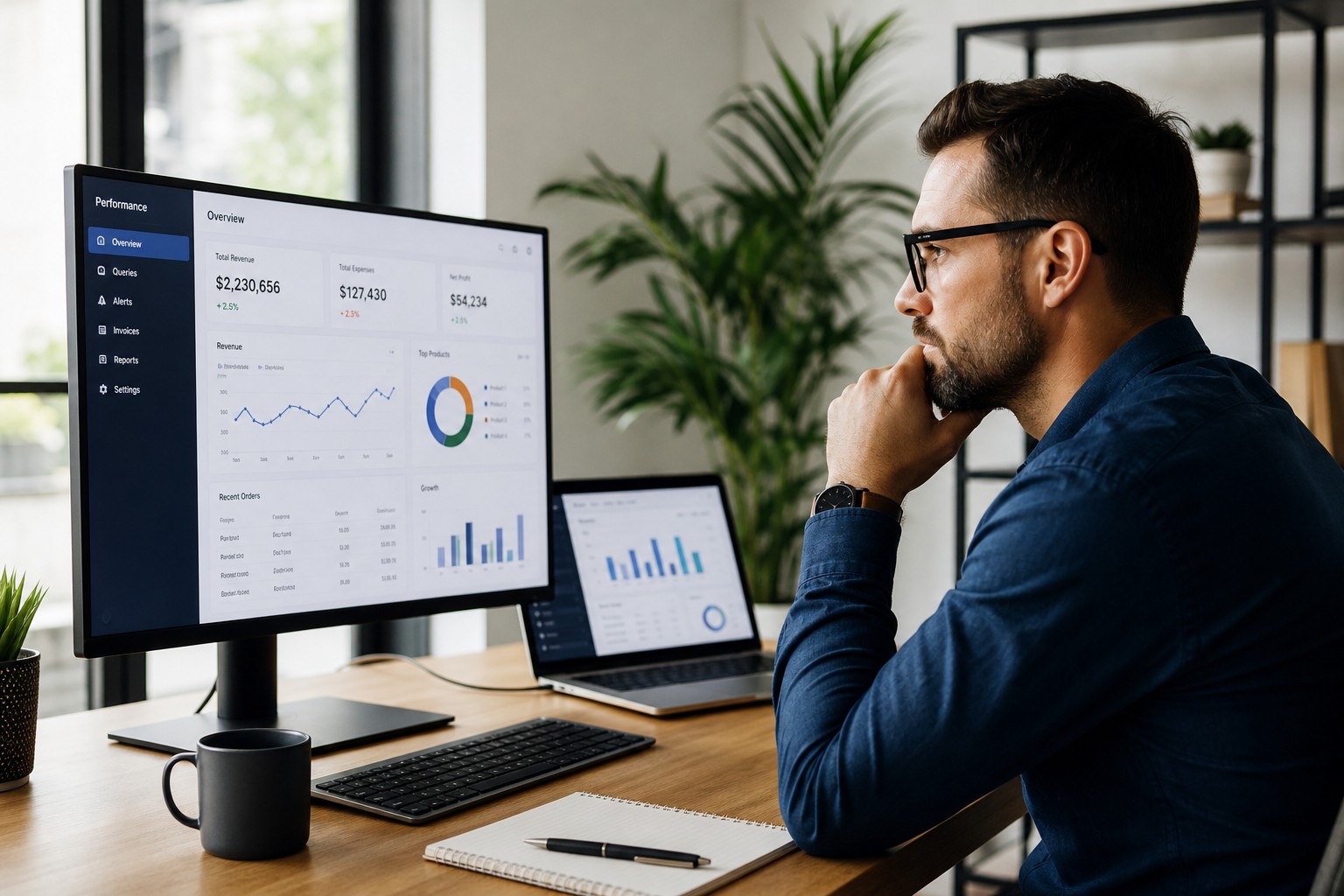 Business owner analysing AI search analytics data on a monitor