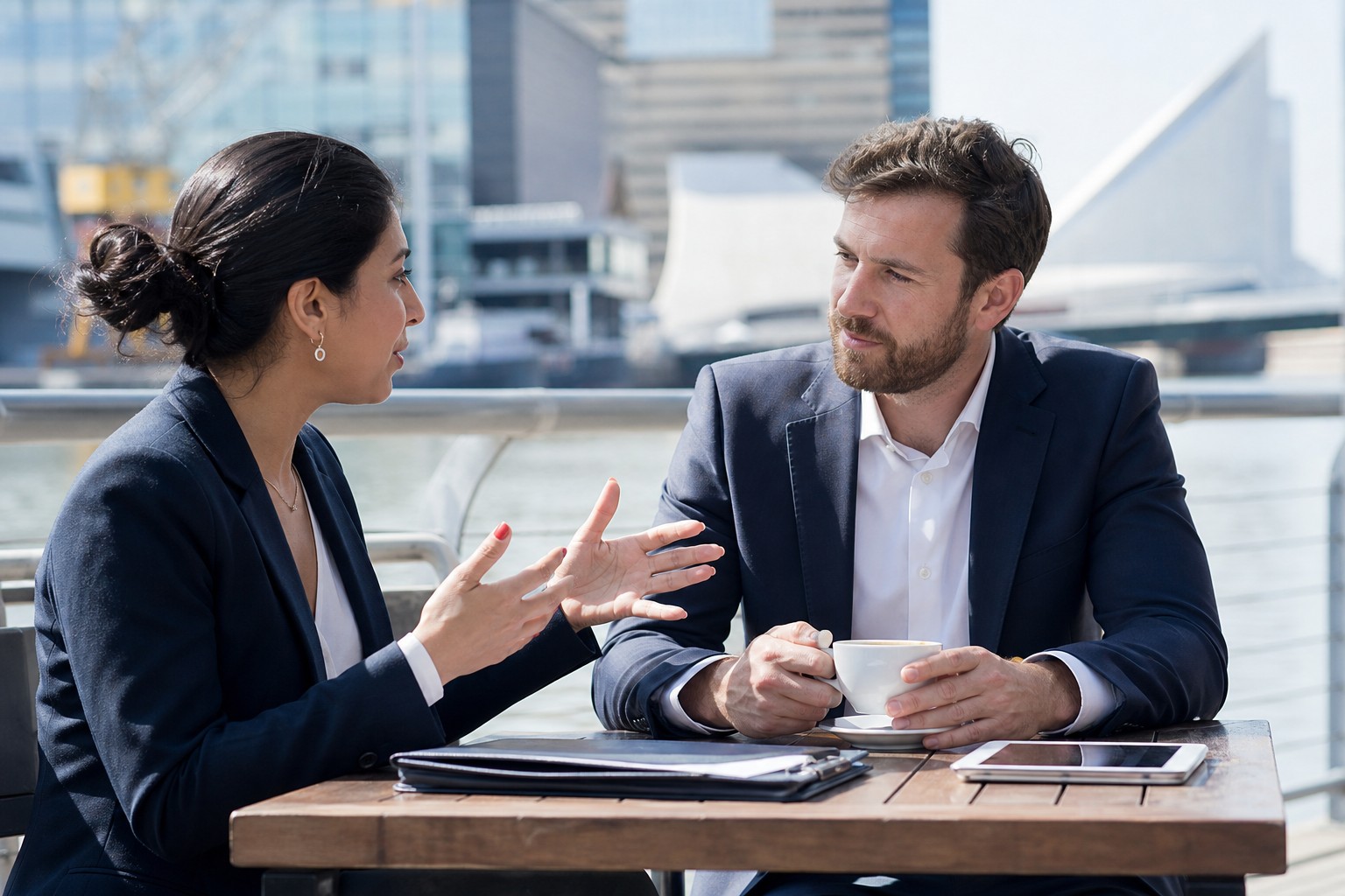 Business professionals discussing AI search strategy at an outdoor cafe