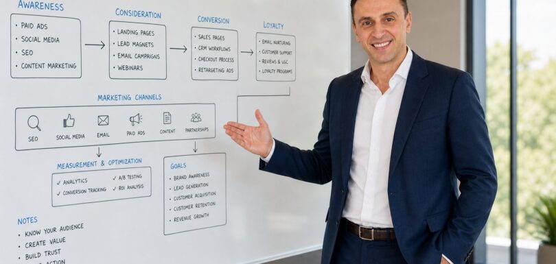 Richie Zengoski explaining a digital marketing strategy on a whiteboard