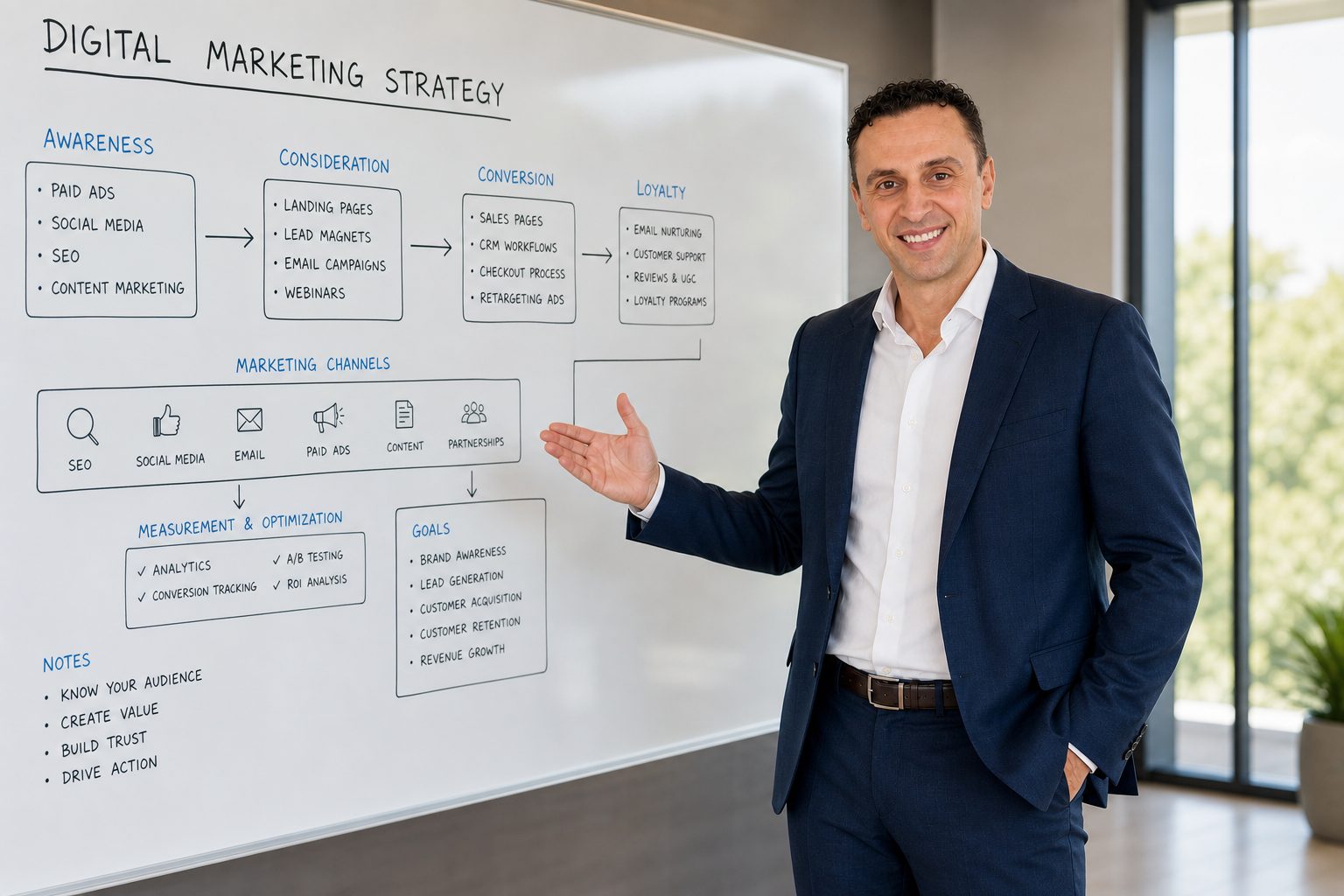 Richie Zengoski explaining a digital marketing strategy on a whiteboard