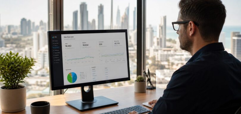 Business owner reviewing website AI readiness audit results on monitor in modern office