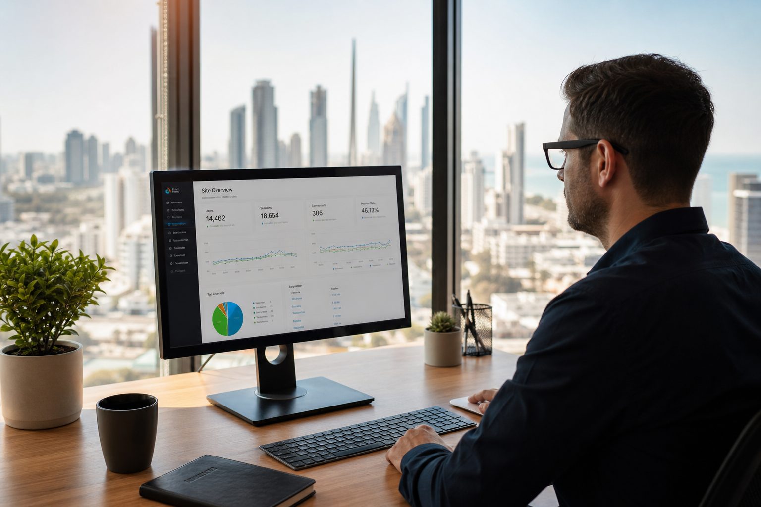 Business owner reviewing website AI readiness audit results on monitor in modern office