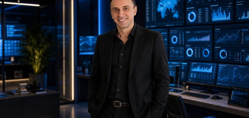 Richie Zengoski in a tech office reviewing AI SEO data at Titan Blue