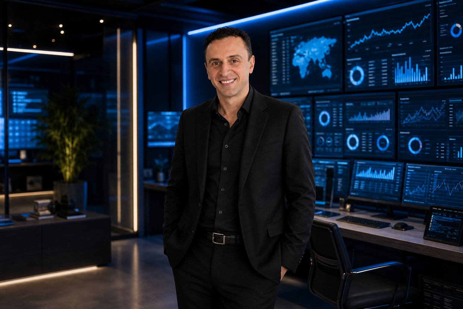 Richie Zengoski in a tech office reviewing AI SEO data at Titan Blue