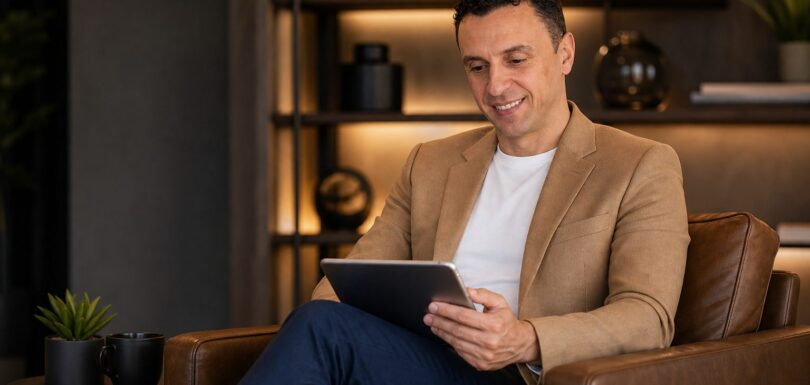 Richie Zengoski reading on a tablet in an office lounge reviewing content strategy at Titan Blue