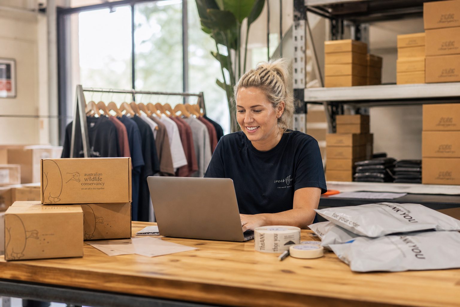Australian ecommerce business owner reviewing online orders in a warehouse packing area