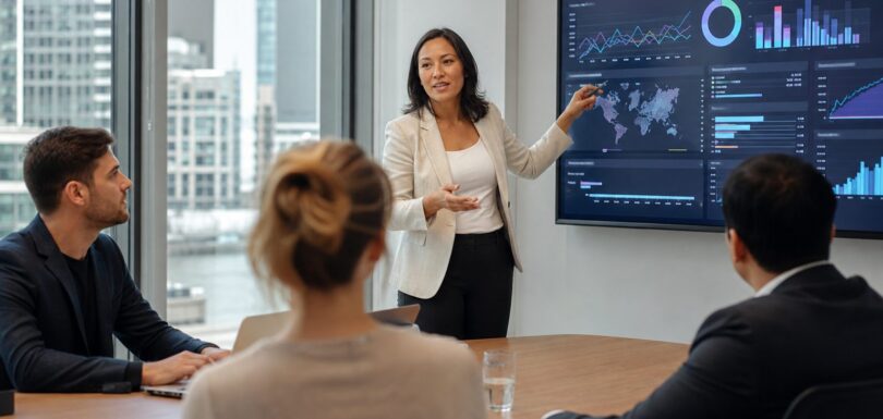 Business team discussing digital marketing strategy in a modern office boardroom