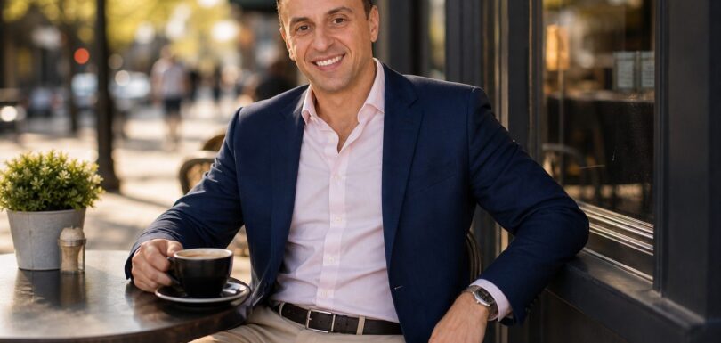Richie Zengoski at an outdoor café discussing AI SEO strategy for small businesses