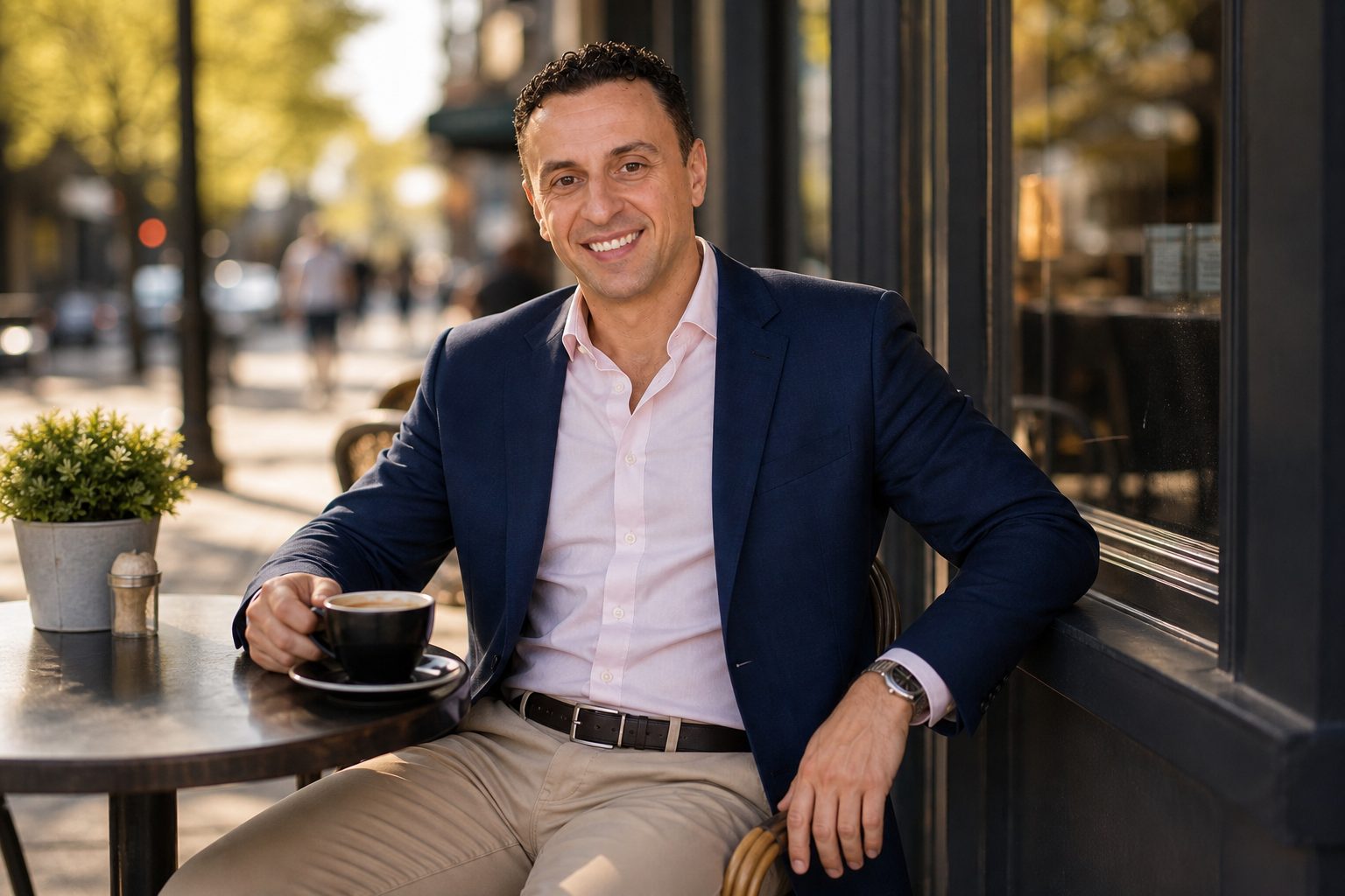 Richie Zengoski at an outdoor café discussing AI SEO strategy for small businesses
