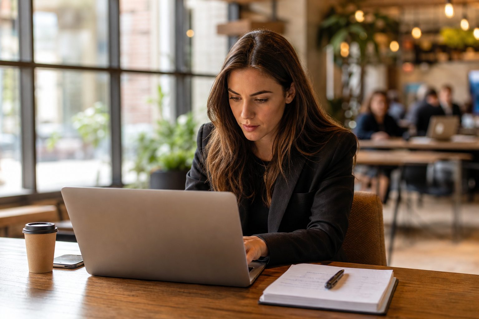 Business professional reviewing AI-optimised content on laptop in modern office
