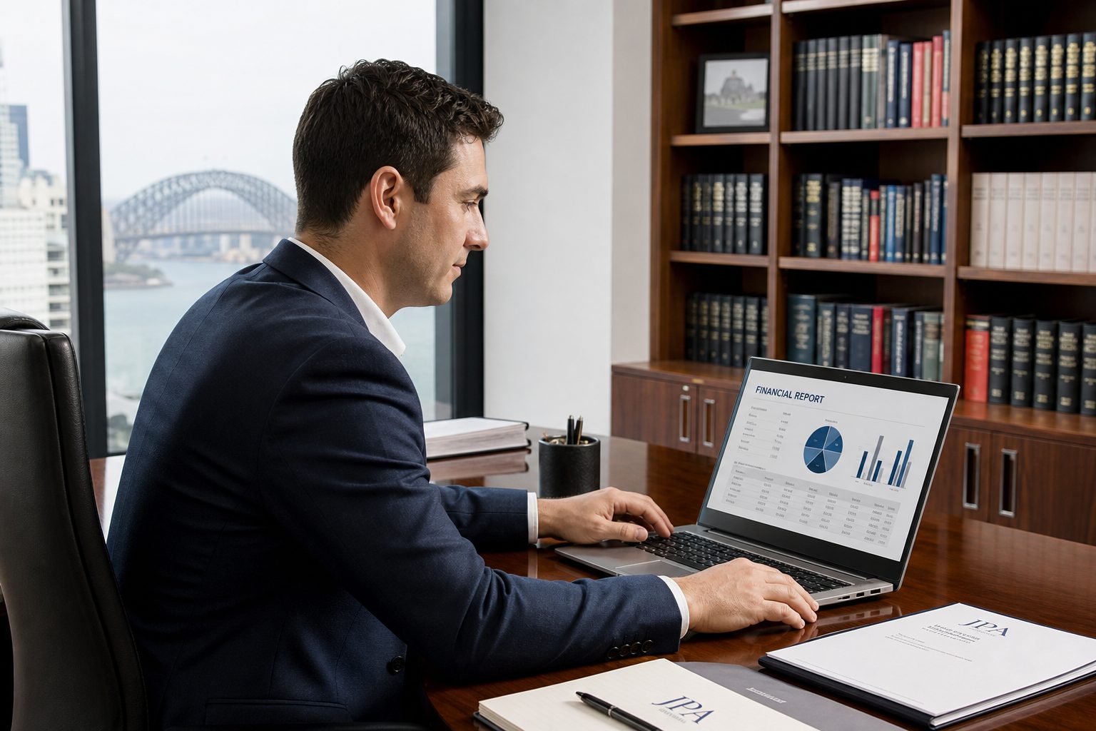 Accountant reviewing financial data on laptop in a professional Australian office