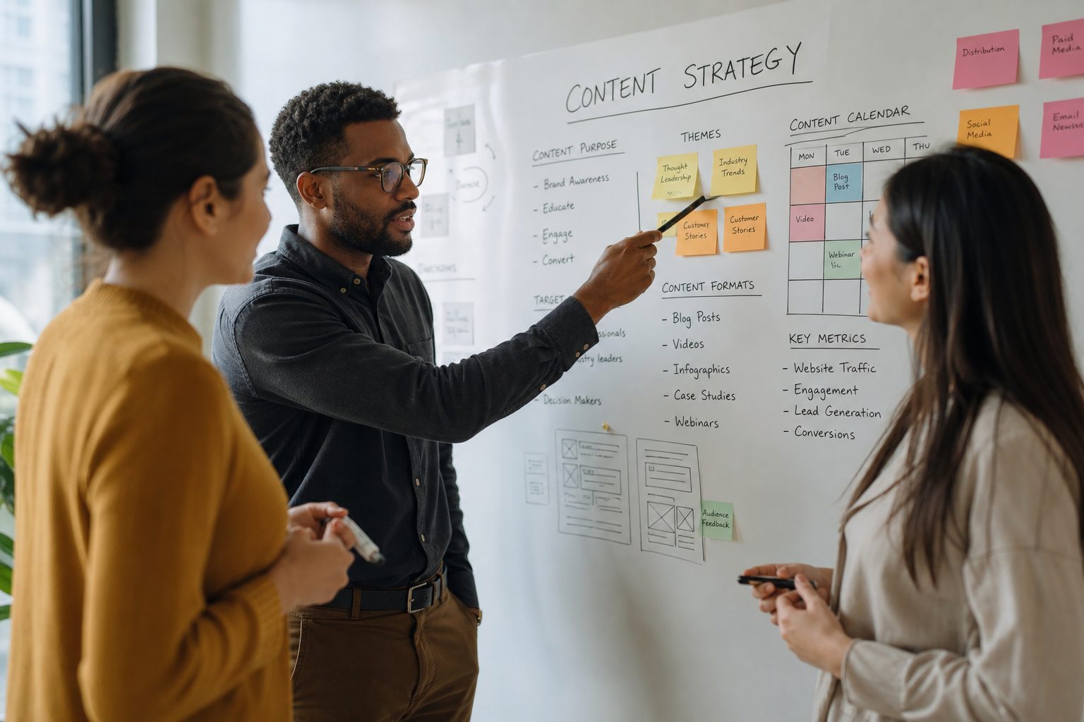 Business team collaborating on content strategy around a whiteboard