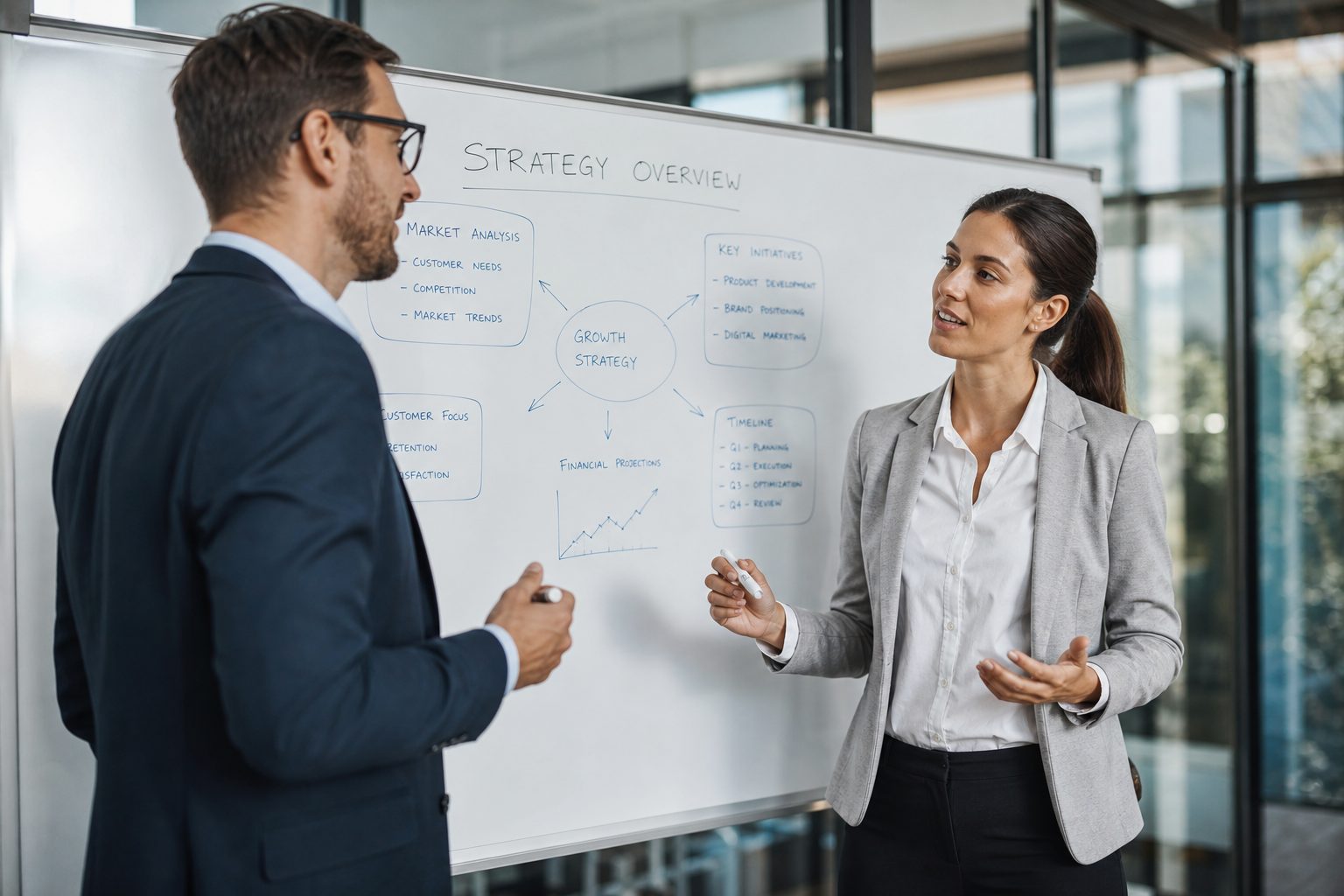 Business consultants collaborating on strategy in modern meeting room