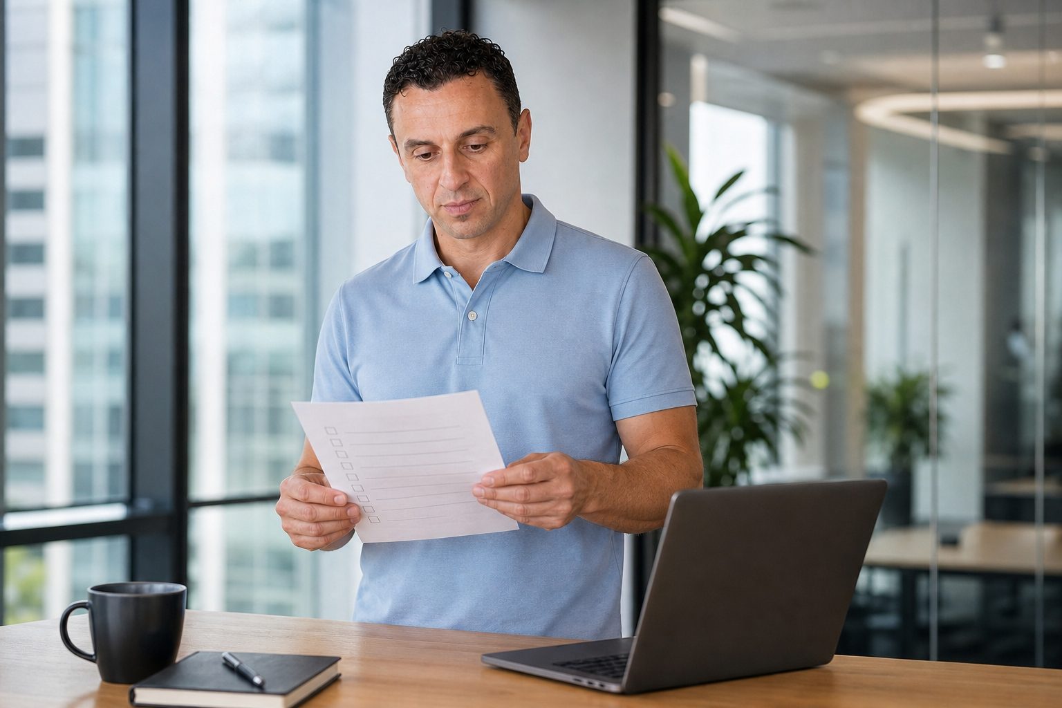 Richie Zengoski reviewing an AI SEO checklist at a standing desk at Titan Blue