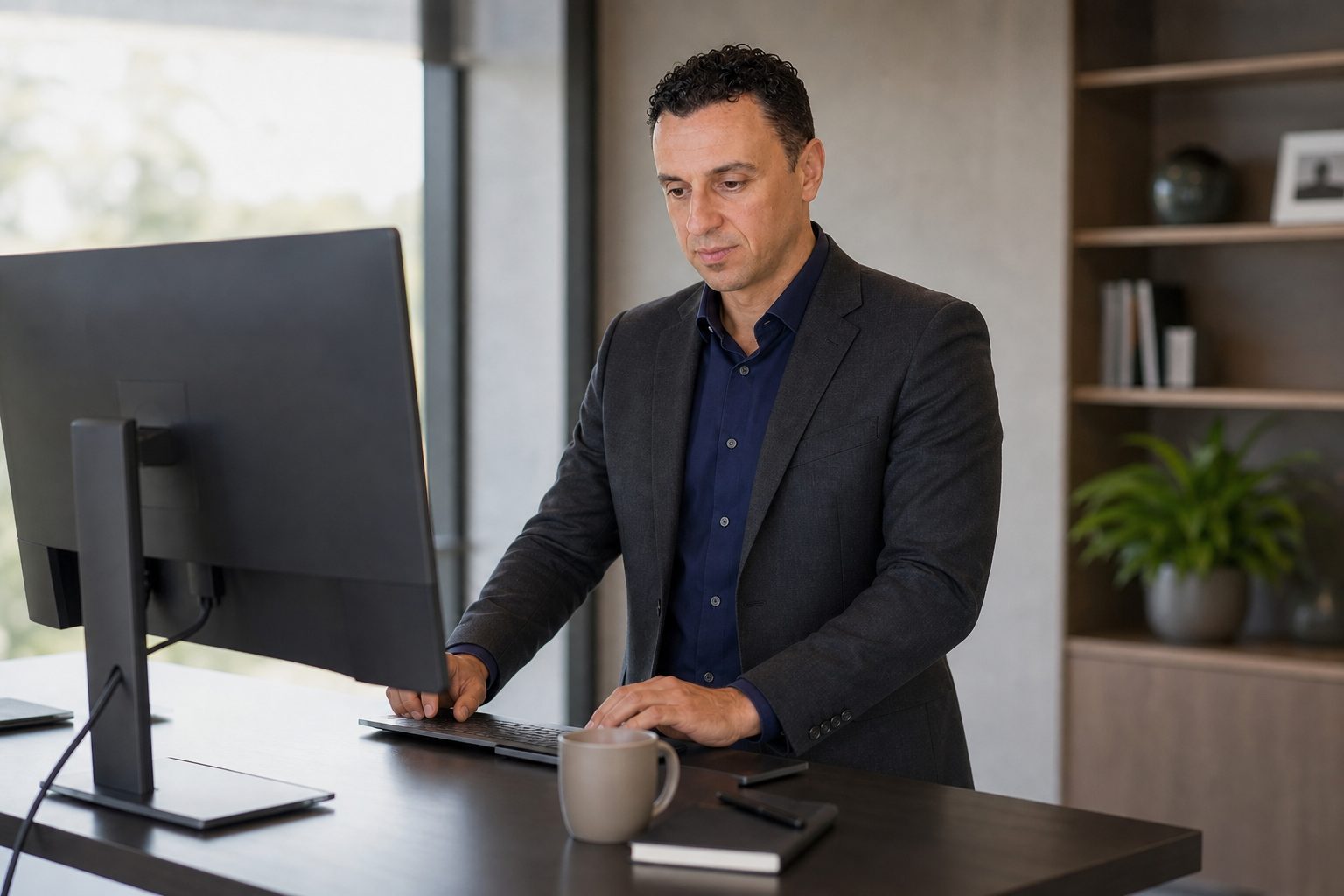 Richie Zengoski reviewing website content on a monitor at a standing desk at Titan Blue