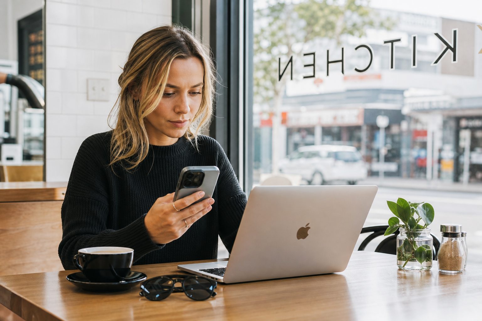 Online shopper browsing and comparing ecommerce products on laptop and phone
