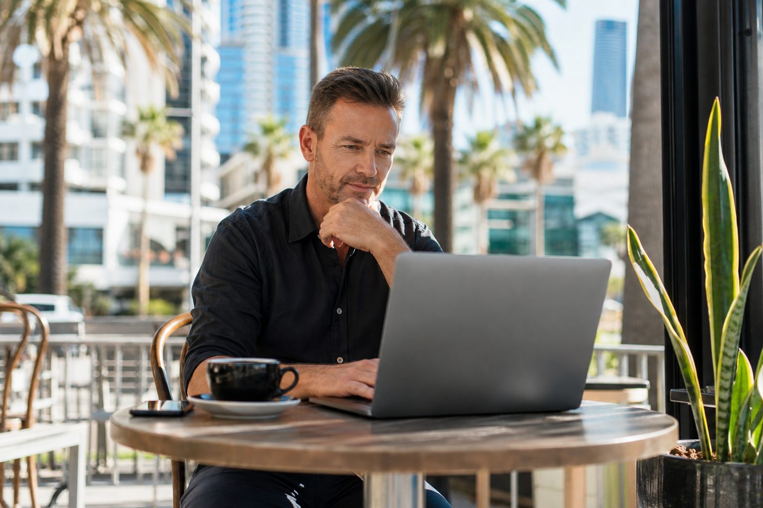 Business owner reviewing website analytics on a laptop at an outdoor Gold Coast cafe