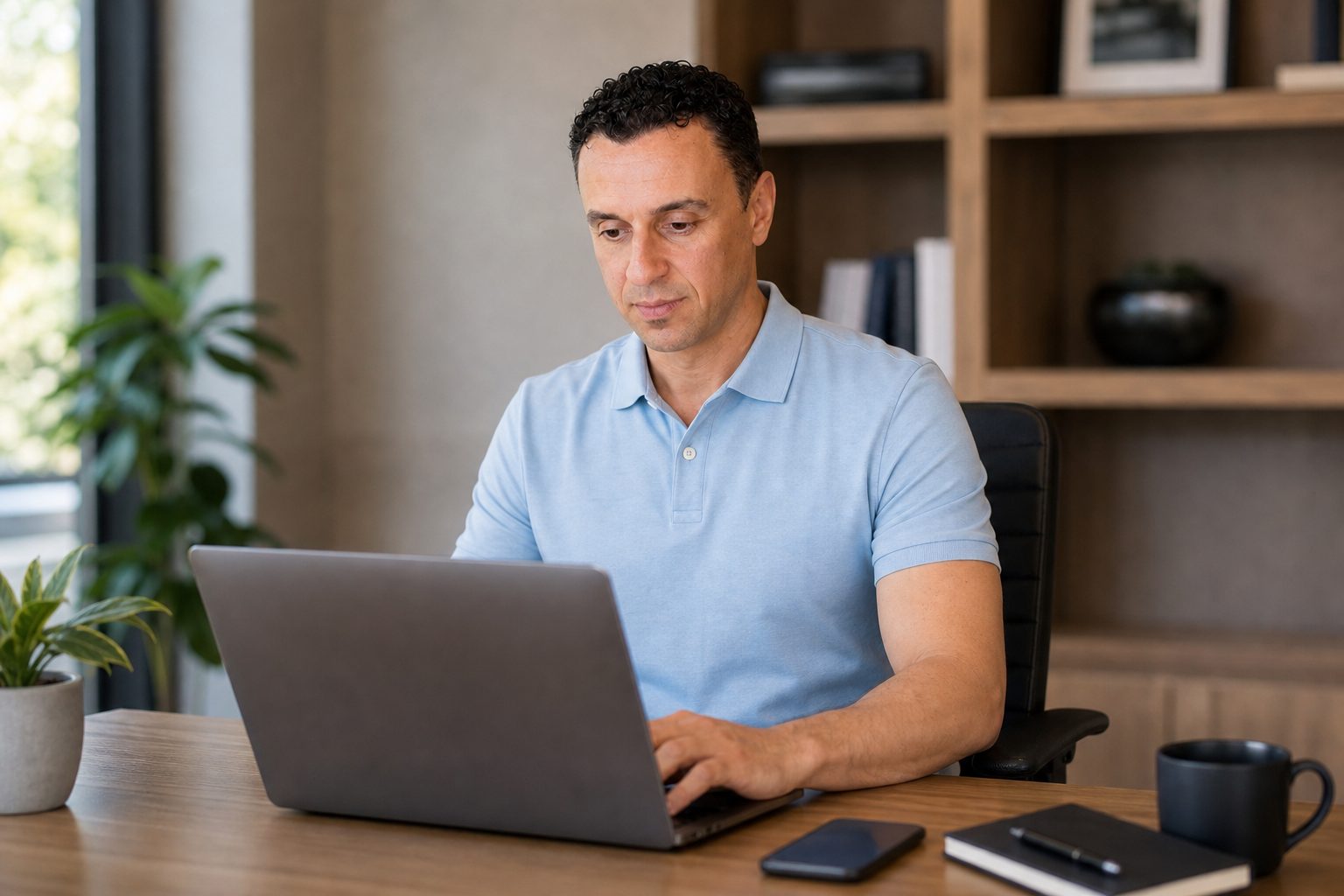 Richie Zengoski reviewing website analytics on a laptop at a small business office