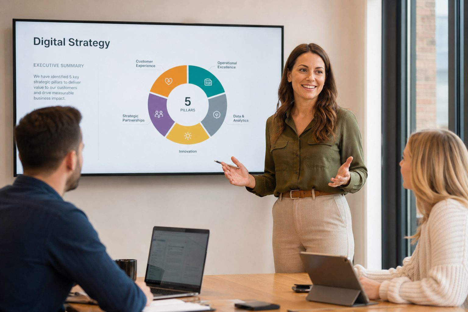 Business professional presenting AI readiness assessment results to team