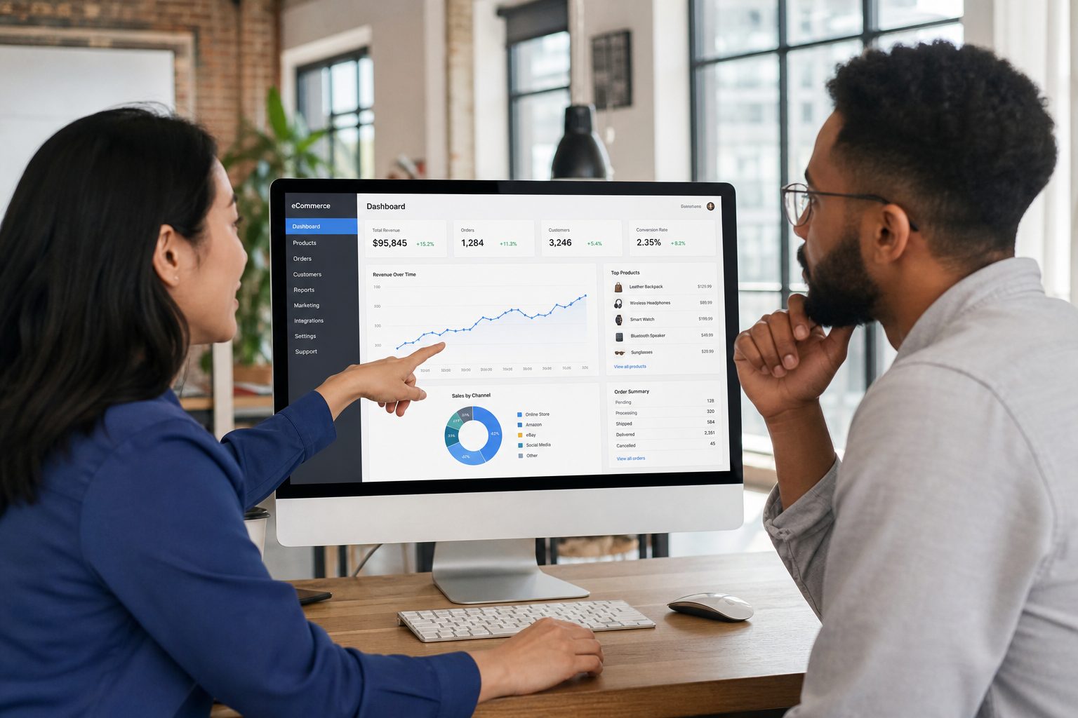 Ecommerce team reviewing product analytics and AI search performance on a monitor