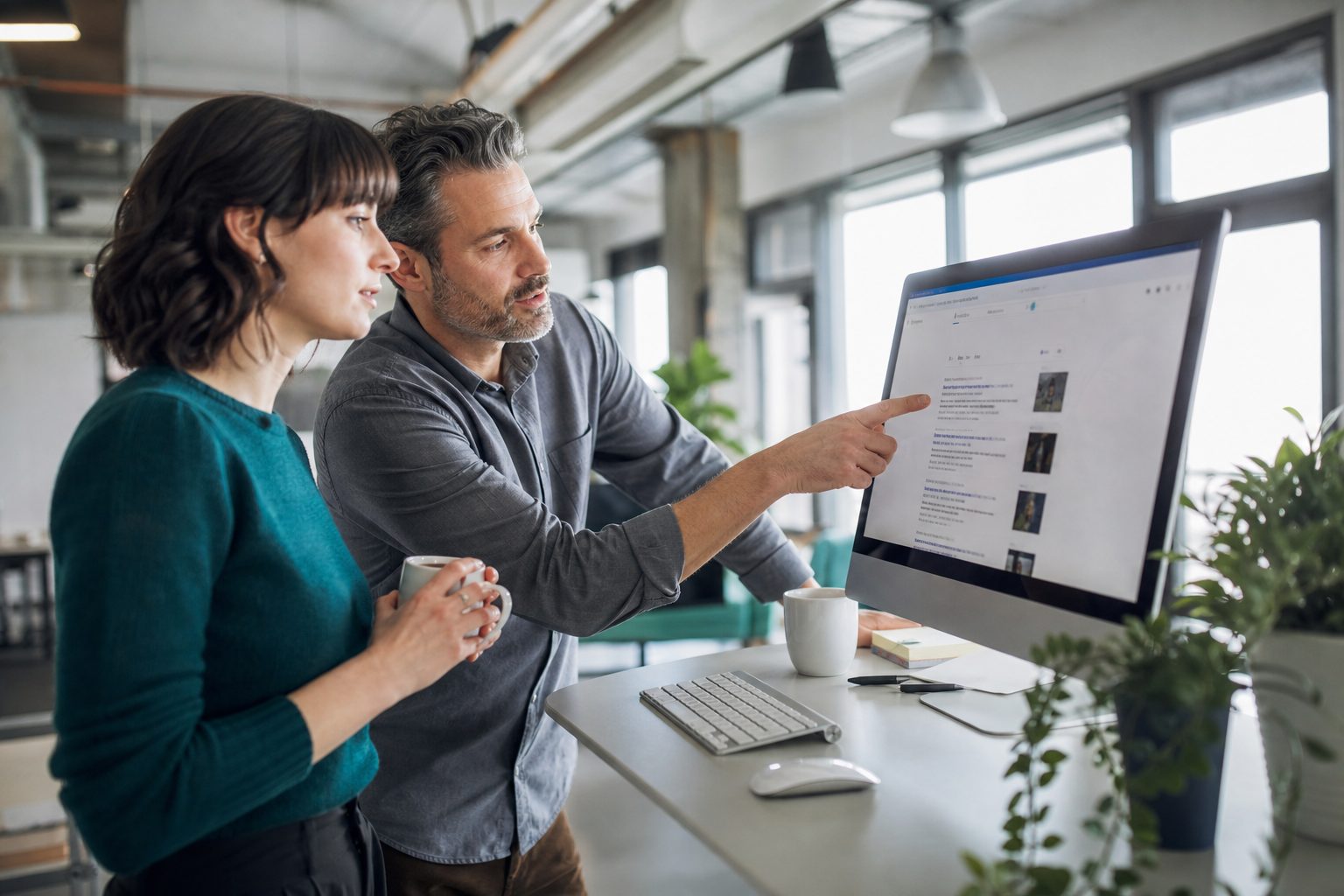 Two professionals collaborating at a standing desk reviewing search results on a computer screen