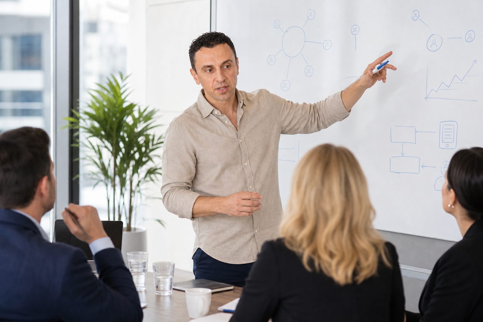 Richie Zengoski presenting an AI SEO strategy on a whiteboard to a small business team